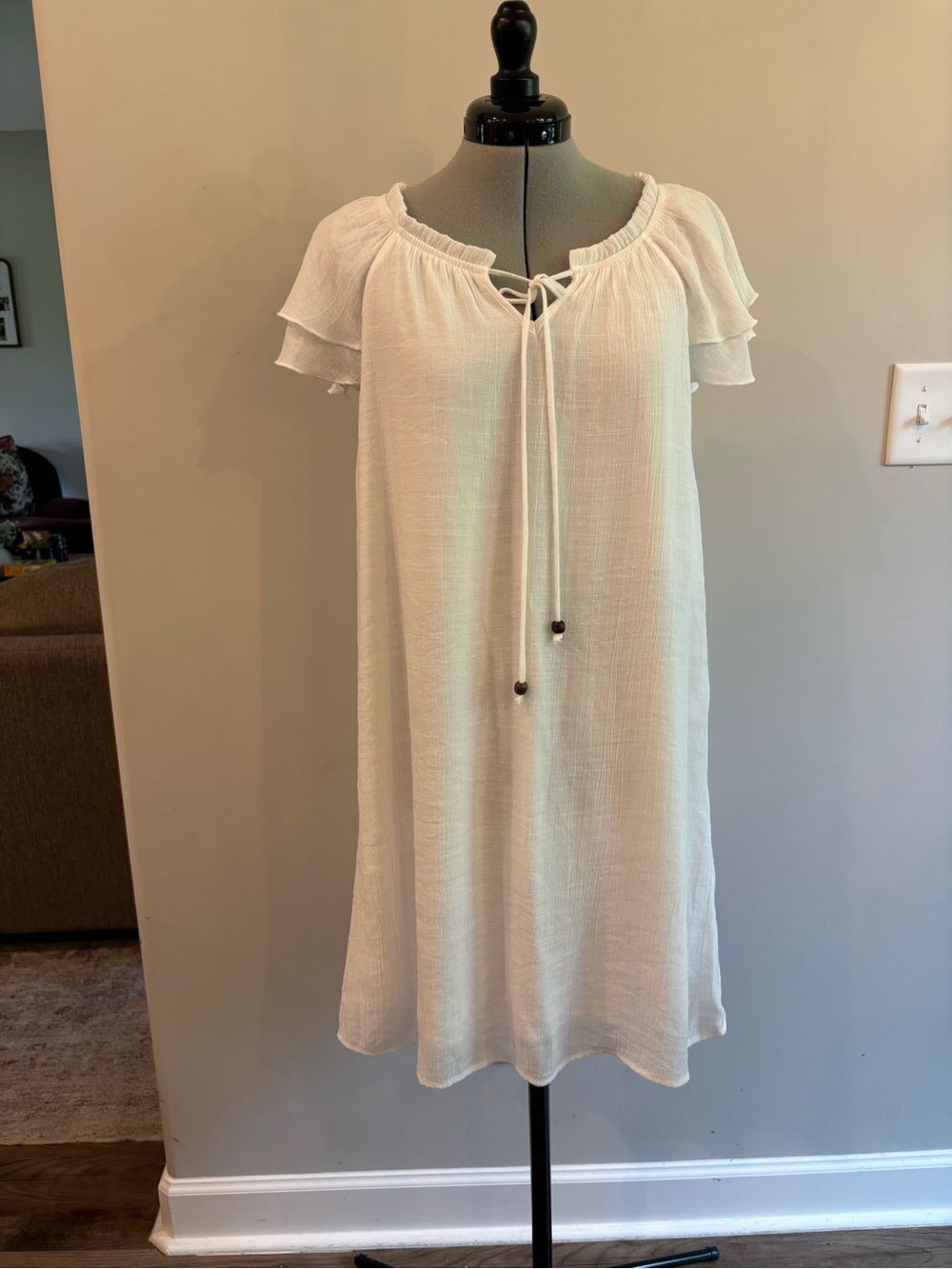 NAIF Cream Midi Peasant Dress with Tie Neck
